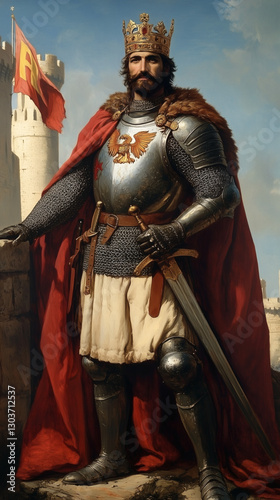 Rey medieval con armadura y corona frente a un castillo