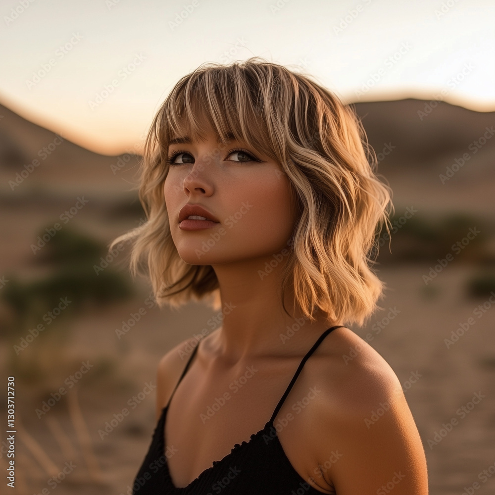 Beautiful Young Woman with Short Hair in the Desert at Dawn, Portrait Beautiful Young Woman with Short Hair in the Desert at Dawn, Portrait