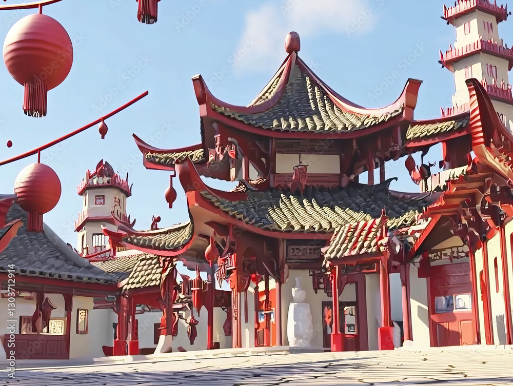 Obraz premium Colorful traditional Asian architecture against bright blue sky decorated with lanterns during daylight