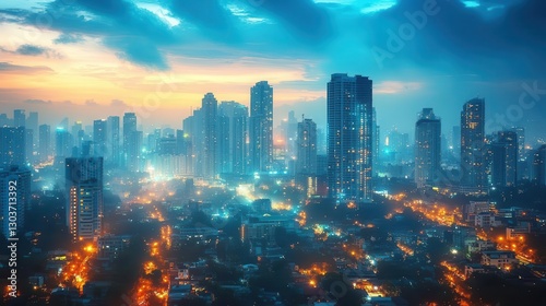 Cityscape at dusk, lights glowing in the buildings, urban skyline