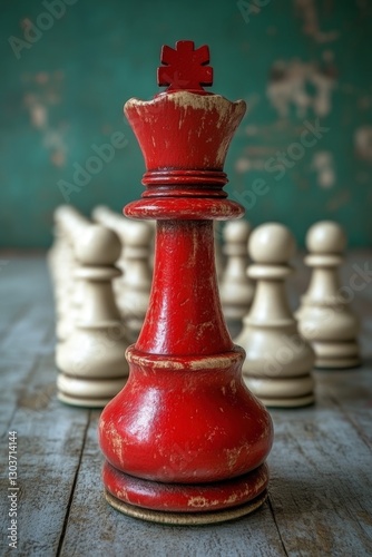 Red Queen chess piece amongst white pieces on a weathered wooden board