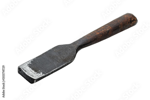 A vintage chisel on a clean white surface, showcasing its worn handle and steel blade isolated on transparent background