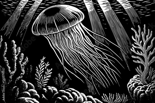 jellyfish in under water with coral black and white hand drawn sketch