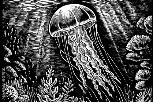 jellyfish in under water with coral black and white hand drawn sketch