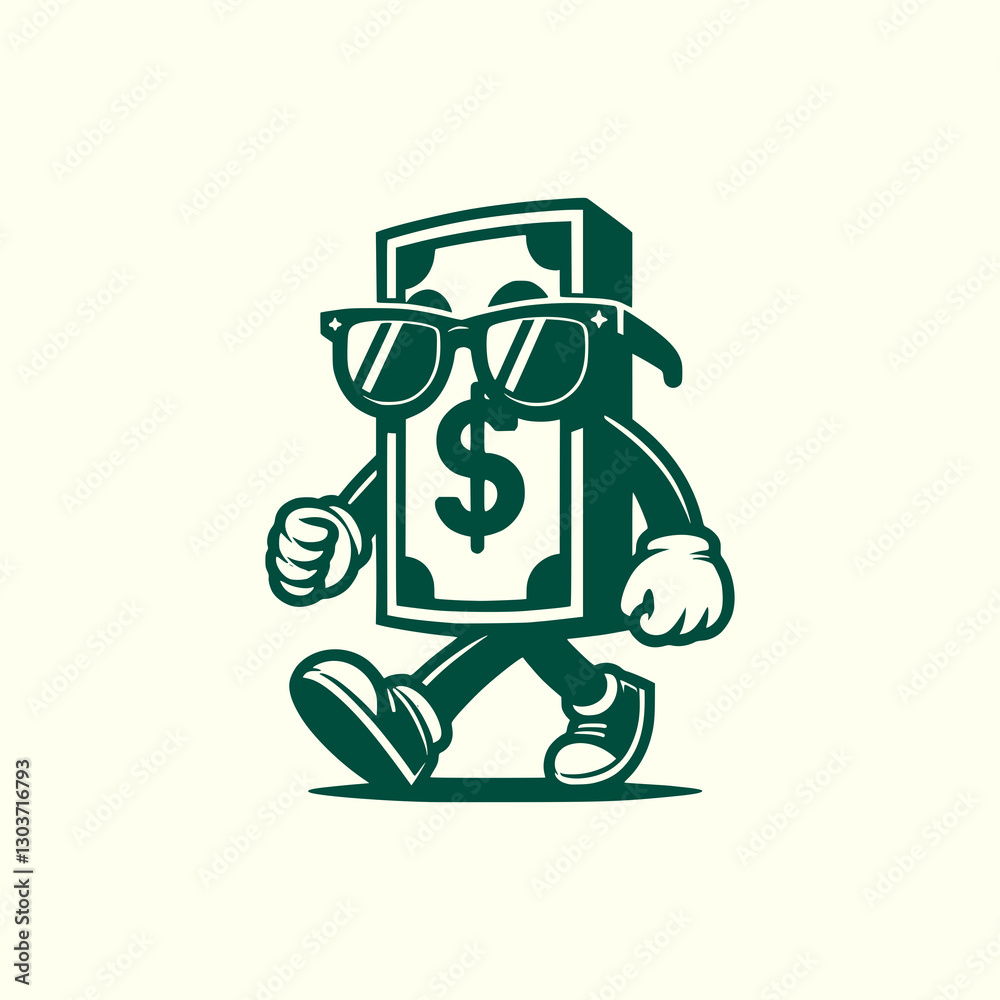 Cool Money Mascot Wearing Sunglasses and Walking with Confidence Fun Cartoon Dollar Bill Character Cool Money Mascot Wearing Sunglasses and Walking with Confidence Fun Cartoon Dollar Bill Character