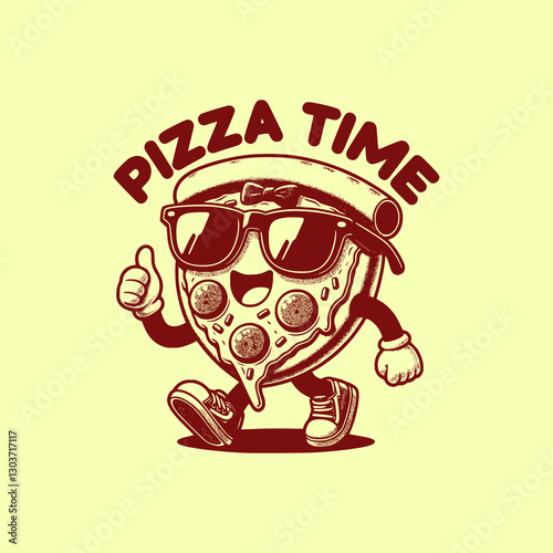 Cool Pizza Slice Mascot Wearing Sunglasses and Walking with Confidence Fun Cartoon Fast Food Character