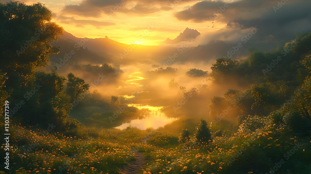 Obraz premium Sunrise over misty mountain valley, wildflowers, path