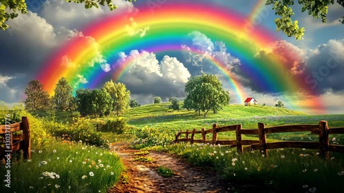 Vibrant rainbow arches over a tranquil countryside landscape after a gentle rain shower