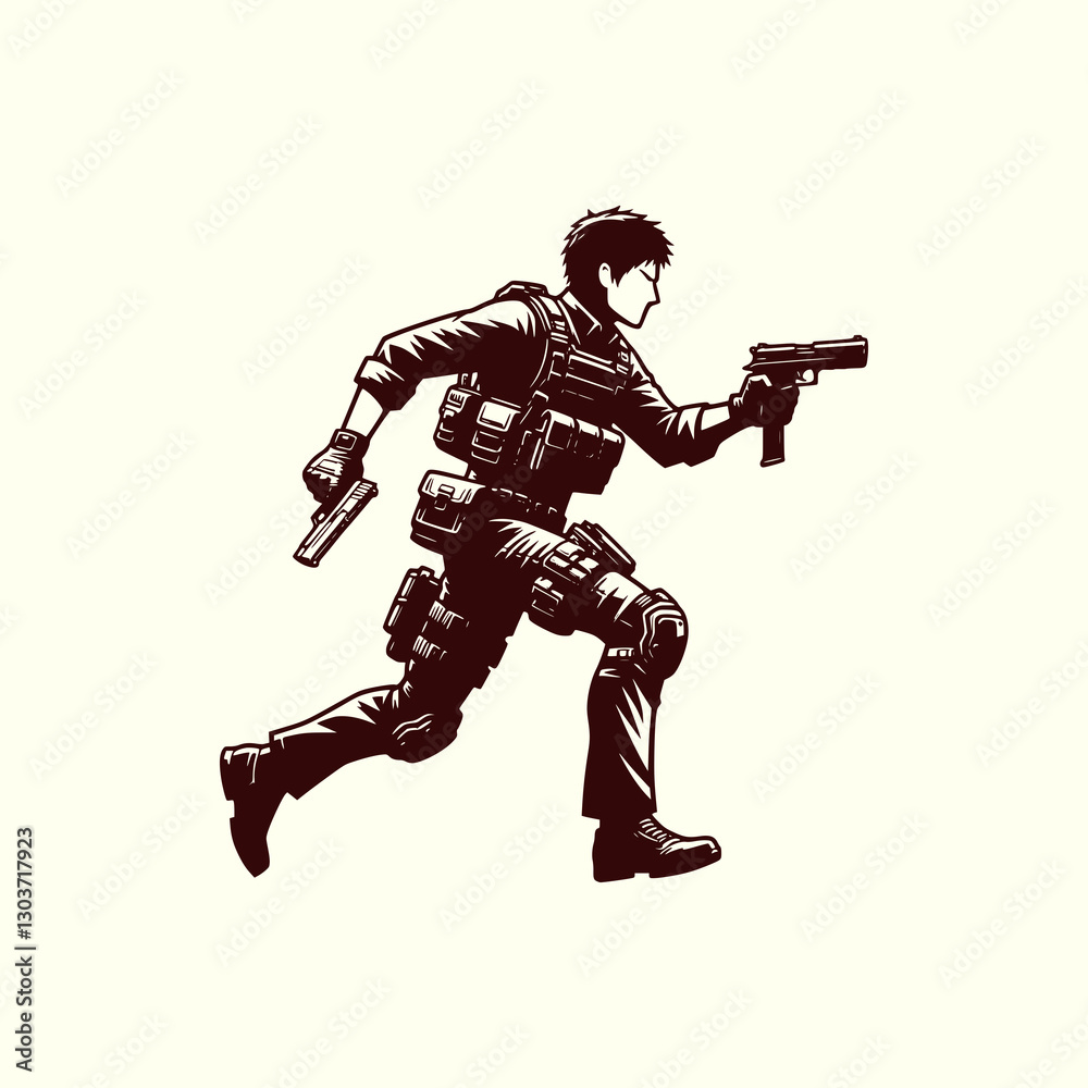 Tactical Special Forces Soldier Running with Dual Pistols Military Operator in Combat Gear Tactical Special Forces Soldier Running with Dual Pistols Military Operator in Combat Gear