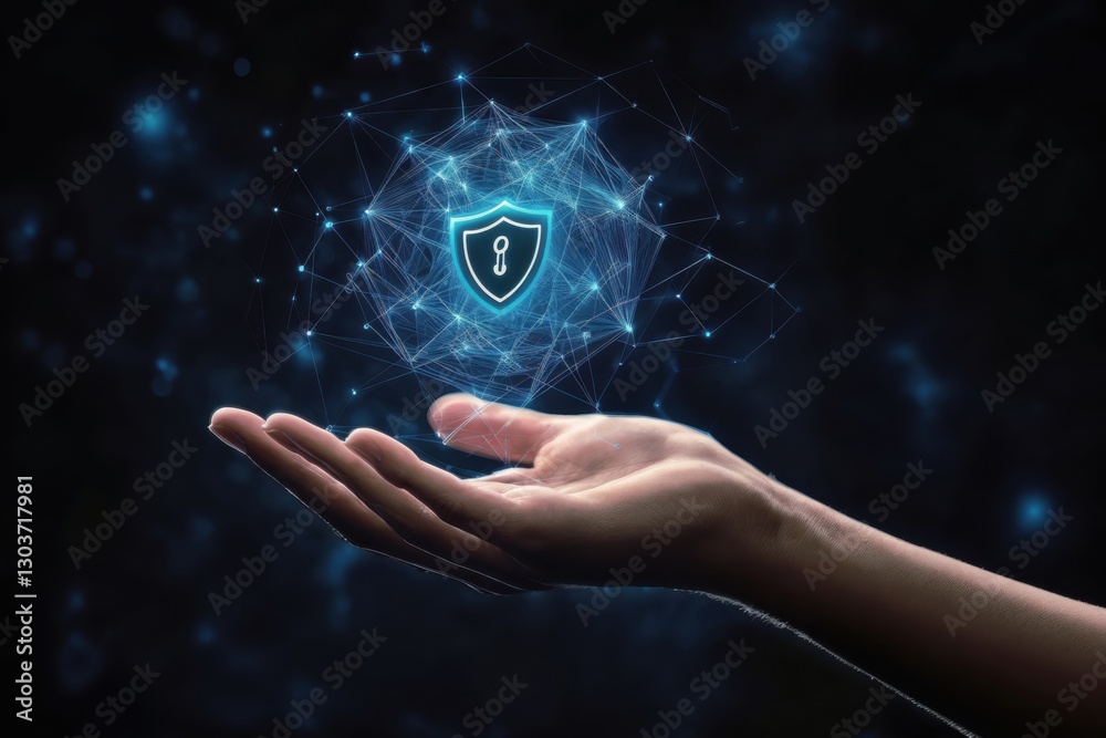 Hand holding digital shield with network connecting security in a dark background Hand holding digital shield with network connecting security in a dark background