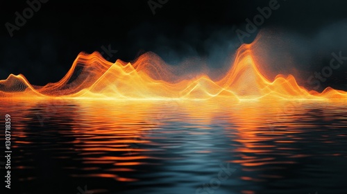Abstract landscape depicts fiery mountain range and water reflection
