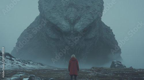 Person Confronting Giant Monster in Fog
