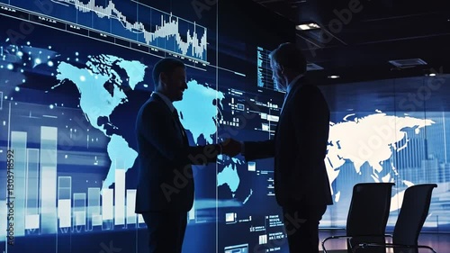 Businessmen shaking hands in front of a large screen displaying financial data
