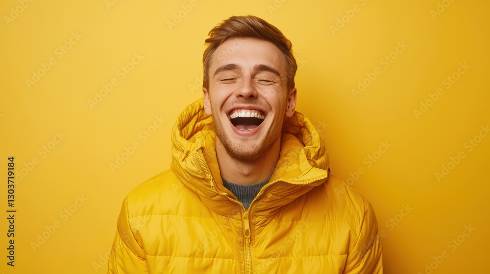 Obraz premium Happy Person Laughing in Yellow Jacket Against Bright Yellow Background