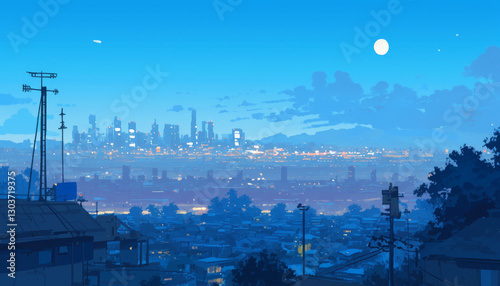 Futuristic city skyline at night viewed from a hillside neighborhood