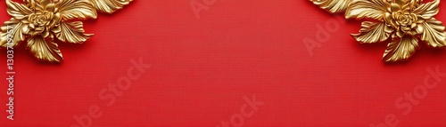 Intricate Golden Thai Ornaments on Vibrant Red Silk Background for Luxurious Design
