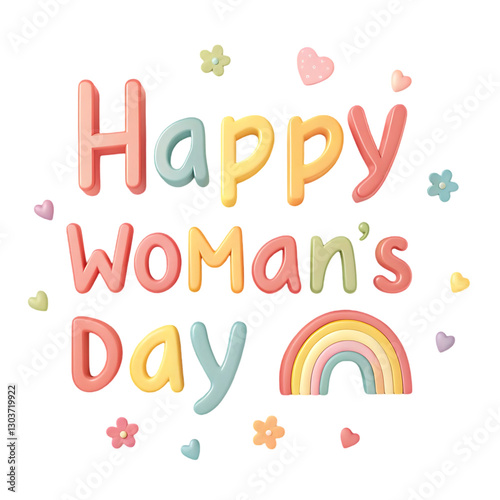Playful “Happy Woman’s Day” text with pastel colors, rainbow, and cute elements.