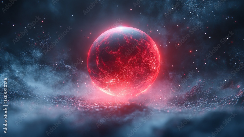 Obraz premium A glowing red celestial orb floating in a starlit space environment