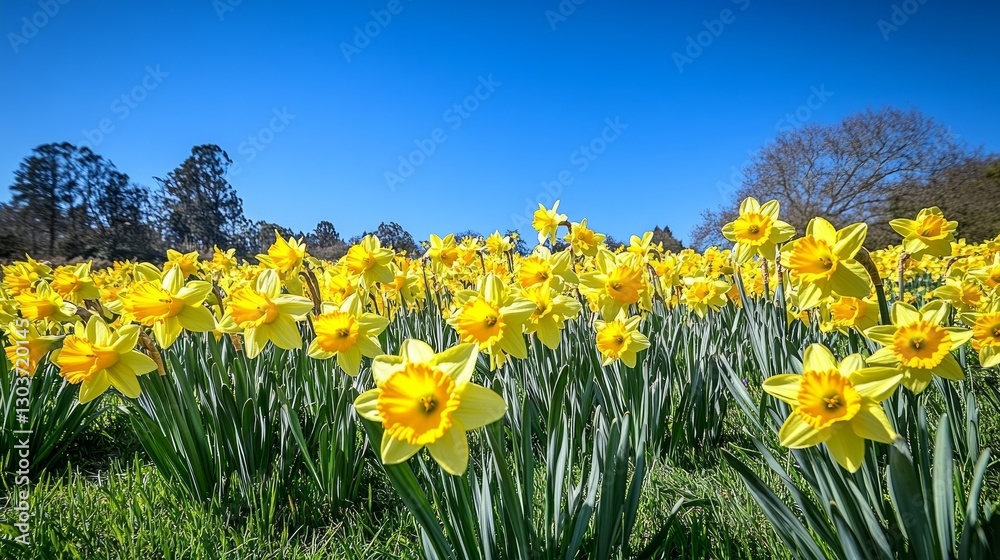 Fototapeta premium field of daffodils swaying in the gentle spring breeze under a clear blue sky