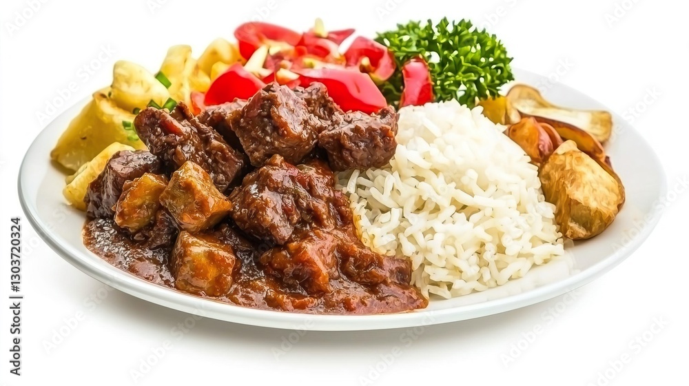Delicious Plate of Tender Beef Stew with White Rice and Colorful Vegetables Delicious Plate of Tender Beef Stew with White Rice and Colorful Vegetables