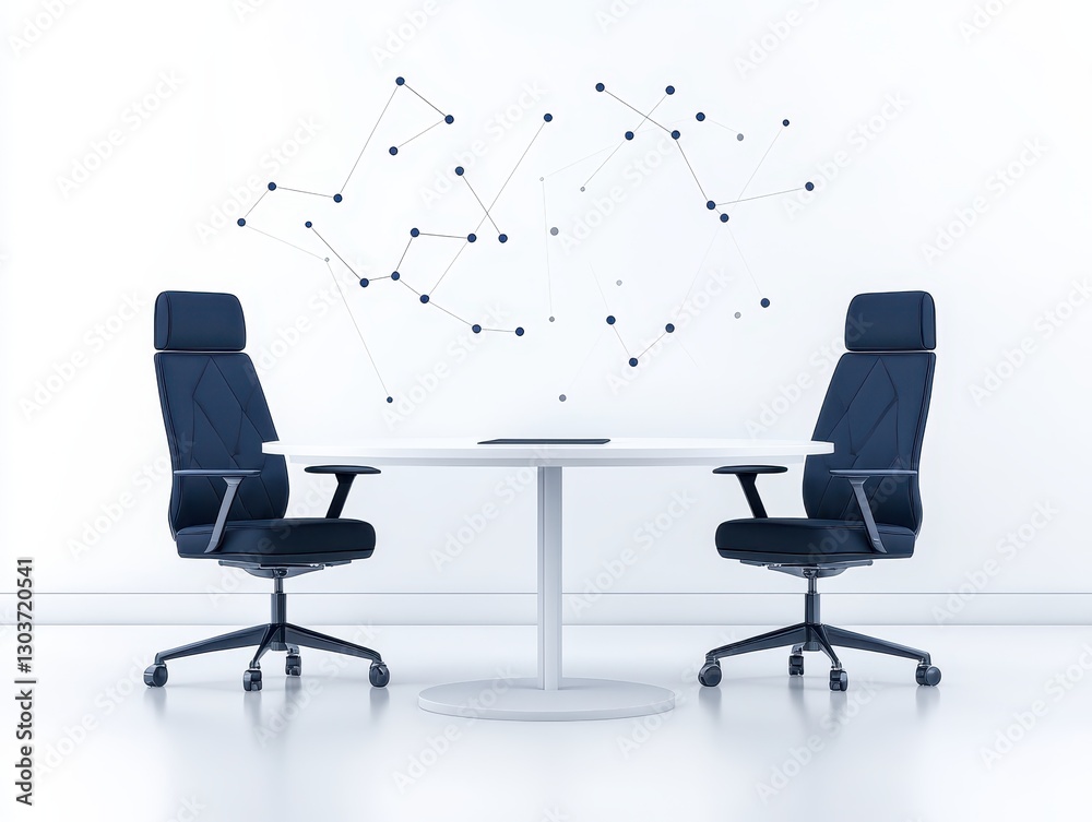 Obraz premium Modern conference room with two chairs and a minimalist design, featuring a geometric wall art