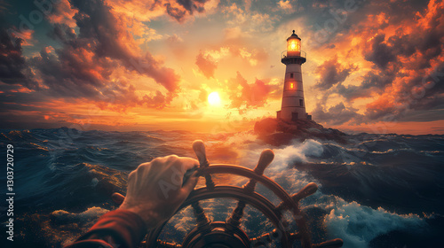 A hand adjusting a ship s wheel towards a glowing lighthouse on the horizon, representing steering in the right direction toward success. Journey - Path. Illustration