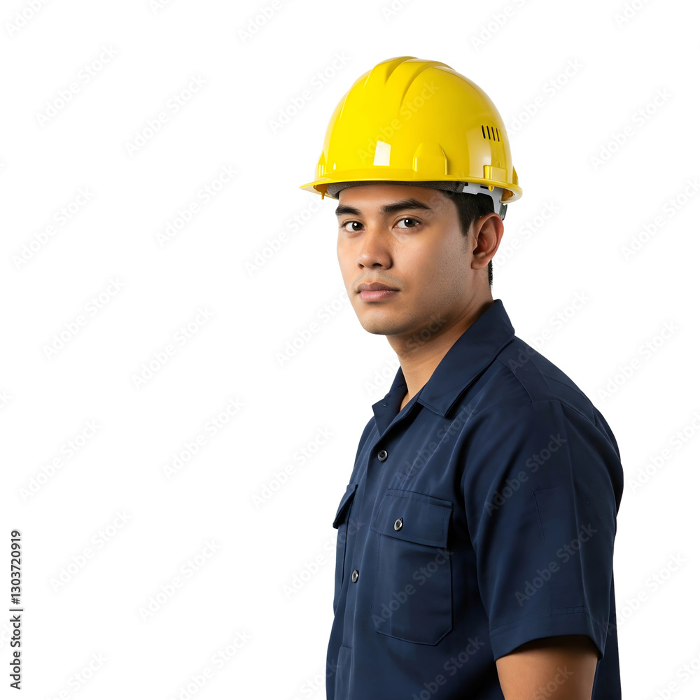Industrial Worker in Yellow Hard Hat and Dark Blue Uniform - Transparent Background Industrial Worker in Yellow Hard Hat and Dark Blue Uniform - Transparent Background
