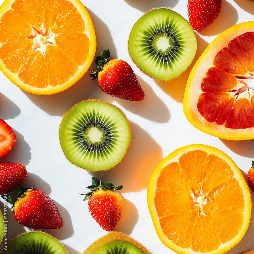 sliced citrus fruits, kiwi, and strawberries on white background sliced citrus fruits, kiwi, and strawberries on white background