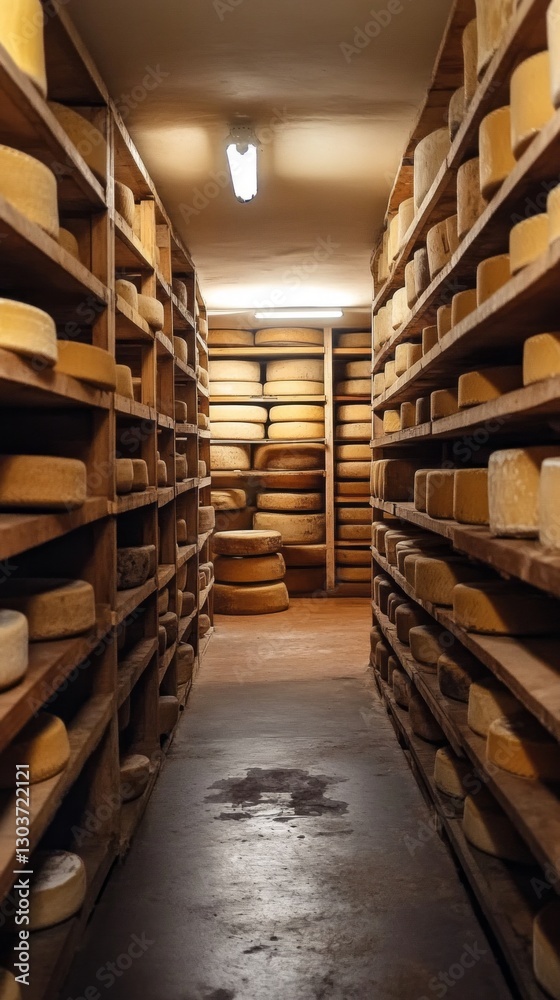 Fototapeta premium A cozy cheese aging cellar reveals rows upon rows of wheels and blocks of cheese maturing on wooden shelves. The warm lighting sets a rustic ambiance, inviting a sense of tasting tradition