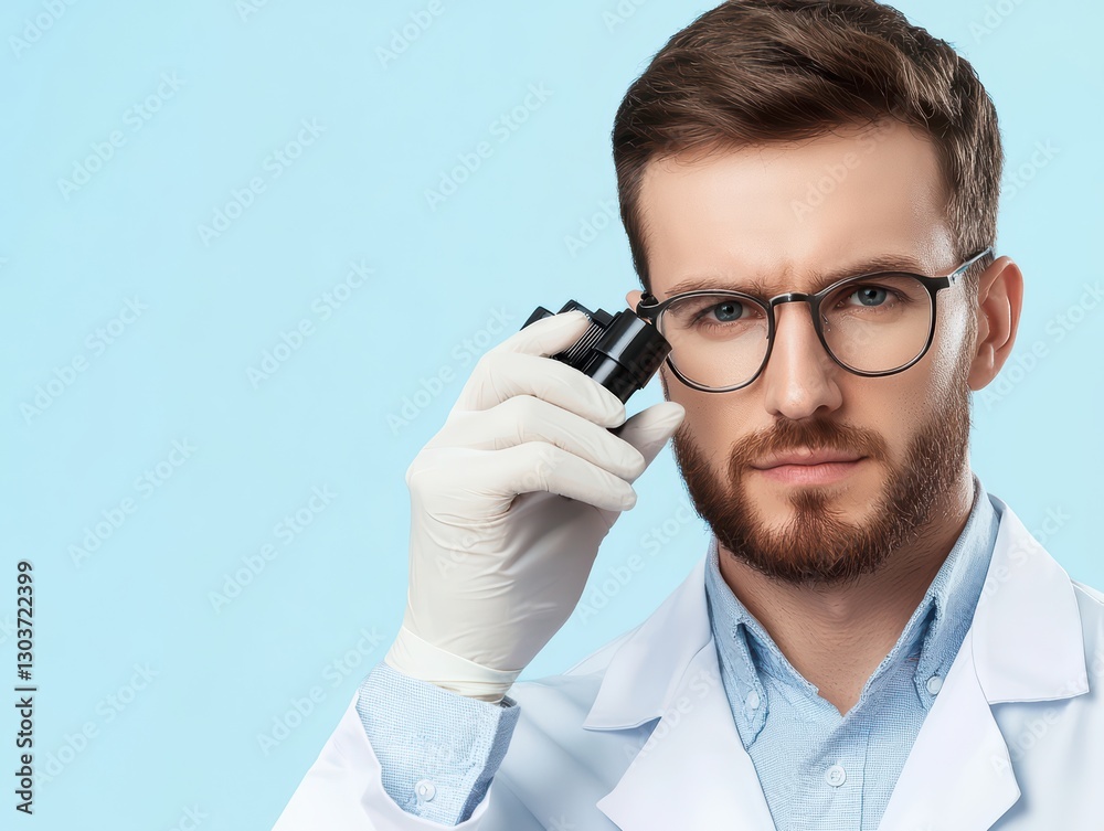 Scientist in Lab Coat Holding Microscope on Light Blue Background for Research and Innovation Scientist in Lab Coat Holding Microscope on Light Blue Background for Research and Innovation