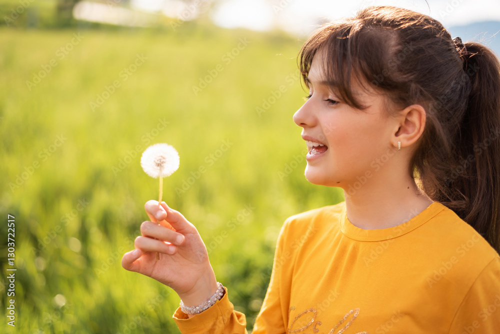 A happy girl blowing dandelion in the spring park. A happy girl blowing dandelion in the spring park.