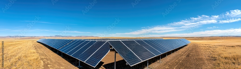 Bright Solar Panels Bathed in Sunlight Under Clear Blue Sky in Open Landscape Bright Solar Panels Bathed in Sunlight Under Clear Blue Sky in Open Landscape