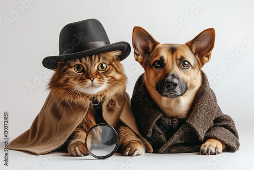 Cute cat and dog dressed as detectives in vintage outfits, with a magnifying glass. Funny pet portrait on a white background.