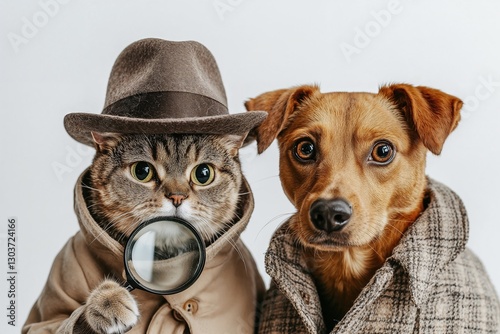 Adorable cat and dog dressed as private investigators, wearing trench coats and hats, with a magnifying glass. Playful and creative concept.