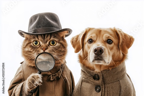 A curious cat and a serious dog in detective attire, ready to solve a mystery. Cute and funny pet photography with a white background.