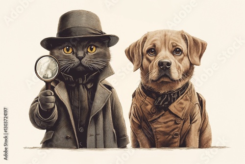 Artistic illustration of a cat and dog dressed as detectives, holding a magnifying glass. Vintage-style drawing with a retro detective theme.