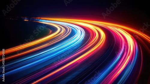 colorful long exposure picture of traffic light of speed car on curve motorway at night time.