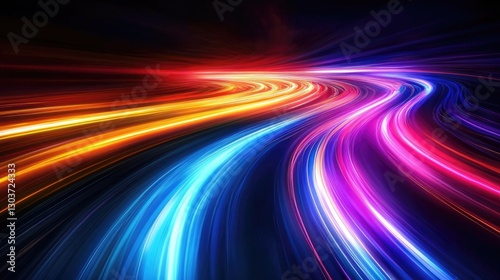 colorful long exposure picture of traffic light of speed car on curve motorway at night time.