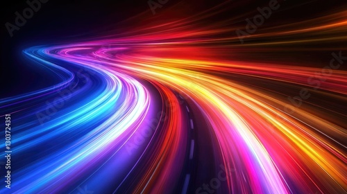 colorful long exposure picture of traffic light of speed car on curve motorway at night time.