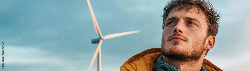 Obraz premium Young Man Observing Wind Turbines in a Sustainable Energy Environment