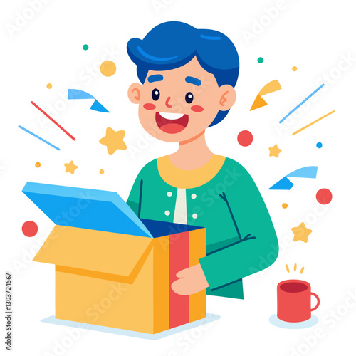 A customer eagerly opens a colorful box, experiencing joy and excitement as confetti flies around. The cozy setting includes a warm cup nearby, enhancing the delightful moment