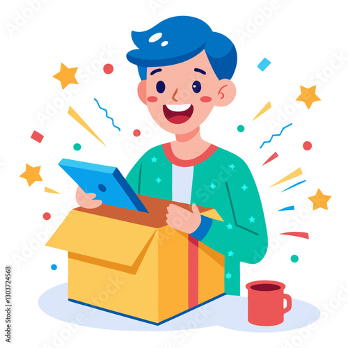 A customer opens a package with excitement, revealing a surprise inside. The setting is home, and the atmosphere is filled with joy and anticipation while colorful confetti surrounds the moment