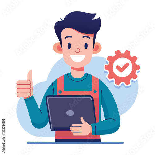 After receiving a successful laptop repair, a satisfied customer shares their approval with a thumbs up while holding the device in a service center