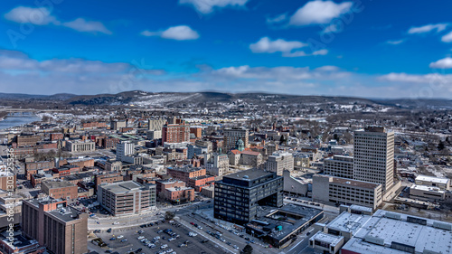 Canvas Print Binghamton, NY, USA - 03-02-2025: Winter afternoon aerial photo over downtown Binghamton, NY