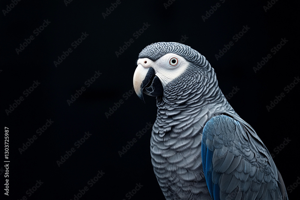 Obraz premium Grey parrot perched with striking colors against a dark background showcasing its unique features and vibrant plumage