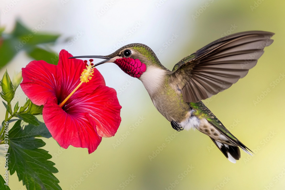 Fototapeta premium Hummingbird feeding on vibrant red hibiscus flower during sunny day in tropical garden