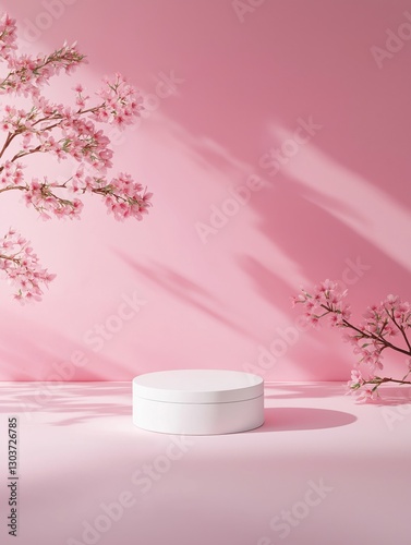 Cotton Candy Pink Concept. Minimalist white cake on a pink backdrop with floral accents.