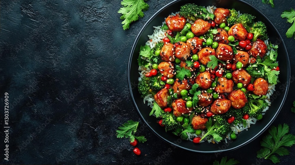 Vibrant bowl of colorful stir-fried chicken and vegetables on a dark textured background Vibrant bowl of colorful stir-fried chicken and vegetables on a dark textured background