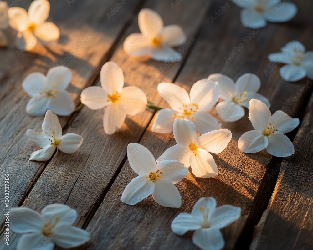 Jasmine flowers scattered on a rustic wooden table, under the soft glow of indoor lighting Jasmine flowers scattered on a rustic wooden table, under the soft glow of indoor lighting
