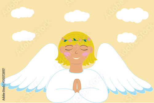 angel in a cartoon style, angel with flowers and wings is praying, folded hands, background of the sky and clouds